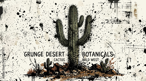 Grunge desert cactus illustration with splattered paint effect