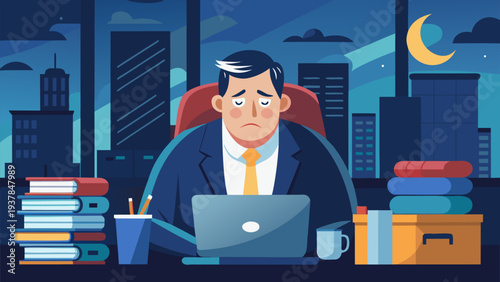 Overworked Office Manager Suffering from Burnout and Professional Stress in Dark Office.eps