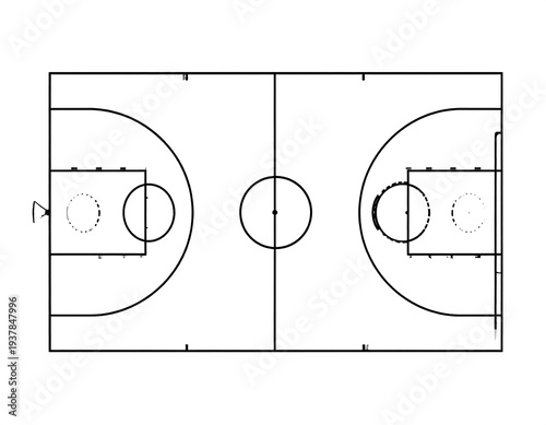 Rectangular court with center line, semicircles at each end and goals; sparse detailing in crisp black lines