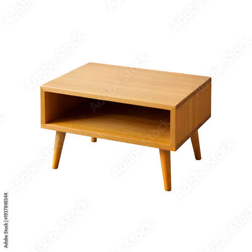 A modern wooden coffee table with a rectangular top and tapered legs on transparent background