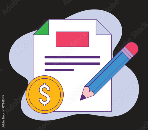 Illustration of a document, pencil, and dollar coin representing financial planning, contracts, and business transactions.