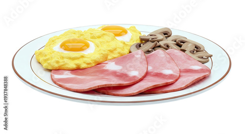 Full English Breakfast Plate with Scrambled Eggs, Ham, and Mushrooms