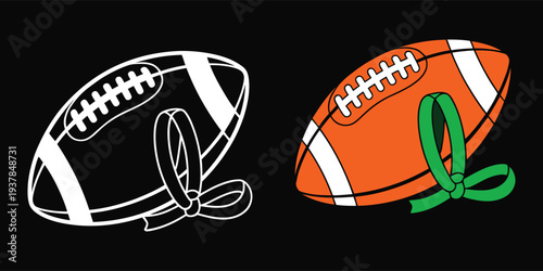 Two illustrations of an American football, one in white outline and one in color with an orange ball and green ribbon, both on a black background.