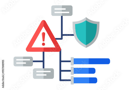 AI risk assessment graphic featuring a warning triangle, shield, and data visualization. Bold colors and modern design for business and technology concepts.