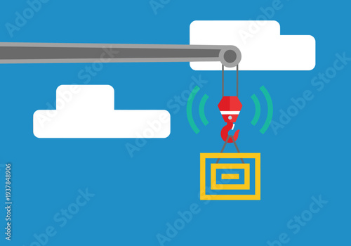 An automated crane lifts a box with a safety warning displayed. Modern, flat design illustration. Clean, bright blue background. Focus on safety and technology.