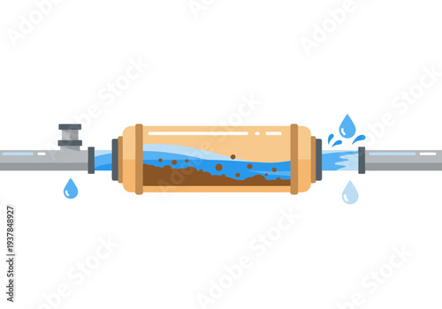 A clean sediment filter removes impurities, showcasing clear water flow. Modern illustration highlights water purification and filtration. Ideal for health, wellness, and technology visuals.