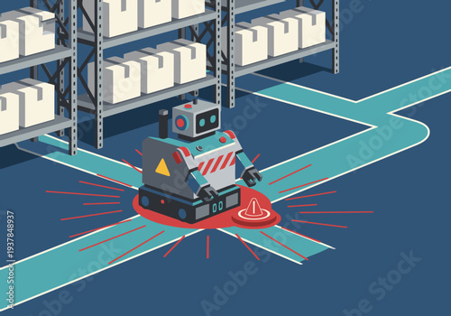 A cobalt robot navigates a warehouse, avoiding a hazard. Isometric illustration showcases automation and obstacle detection. Modern, digital, and visually engaging.