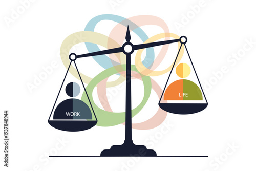 Work and life balance concept illustration with scales and colorful abstract circles