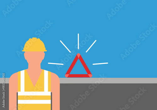 A construction worker wearing a hard hat receives a smart sensor alert. Bright warning triangle highlights worker safety. Modern, clean design.