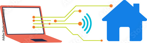 Control your smart home! A laptop connects wirelessly to a house icon, illustrating seamless data synchronization. Modern, digital home automation concept.
