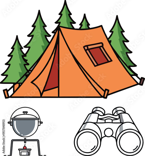 Camping adventure with tent, camping stove, and binoculars in forest