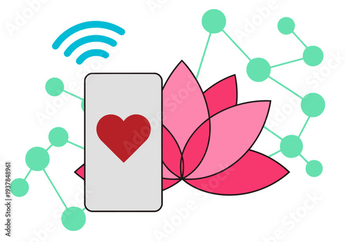 A digital wellness app icon featuring a heart and lotus, connected via Wi-Fi, symbolizing mindful connection and digital wellbeing. Modern, calming design.
