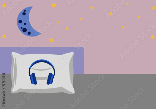 A cozy scene featuring a pillow with headphones and a starry night backdrop. Promotes relaxation and deep sleep. Ideal for sleep sound tracks and wellness visuals.