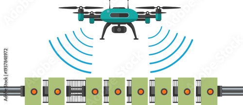 A drone equipped with sensors scans a carbon removal system, highlighting innovative technology for environmental solutions. Modern, clean design.