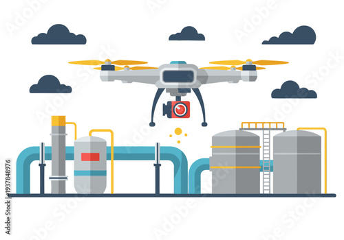 A drone inspects industrial facilities with a detailed view of tanks and pipelines. Modern, clean illustration for hazard tech and inspection visuals.