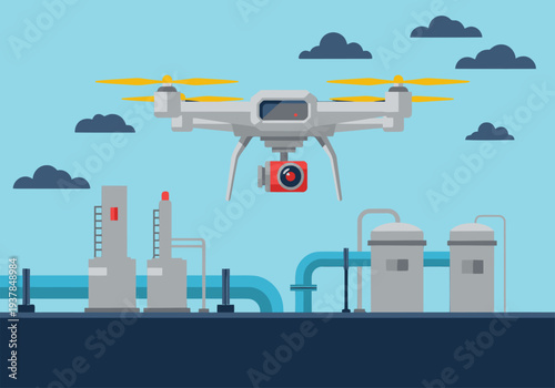 A drone inspects industrial infrastructure with a camera. Modern, clean design showcases hazard tech. Ideal for business and technology visuals.