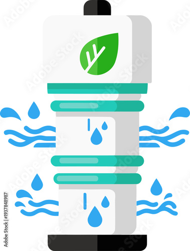 Eco-friendly water filter illustration showcases clean water purification. Modern design with green leaf and water droplets. Ideal for health, sustainability, and product promotion.
