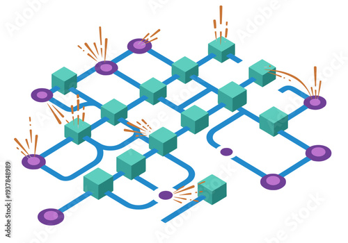 Dynamic network illustration showcasing data flow and connectivity. Vibrant colors and geometric shapes create a modern, impactful visual for technology and business concepts.
