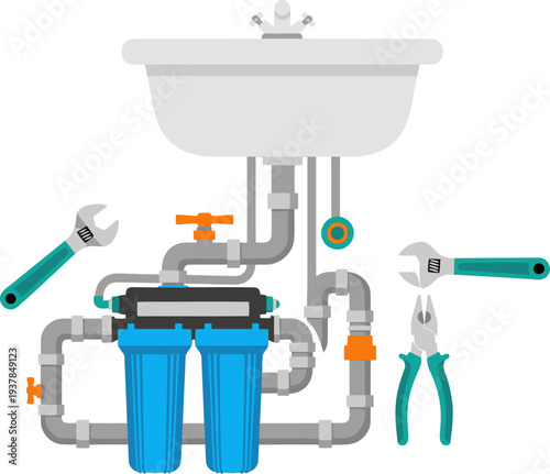 Install an under-sink filter. A clear illustration showcases plumbing connections and tools for a straightforward DIY project. Modern, clean design.