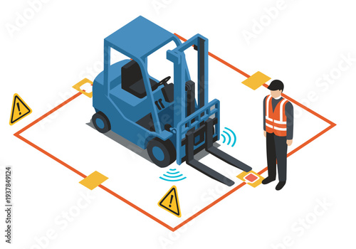 Isometric illustration showcases forklift proximity sensor technology with a worker and safety zone. Modern, clean design for industrial safety concepts.