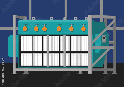 A modern carbon filter machine stands against a dark backdrop. Clean lines and teal hues create a professional, tech-focused image. Ideal for industrial or environmental themes.