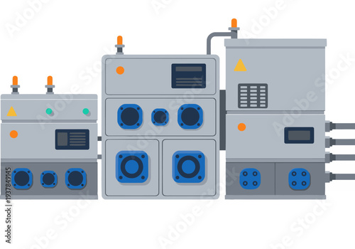 Modern carbon capture module illustration. Clean, gray design with blue and orange accents. Ideal for tech, sustainability, and industrial concepts.
