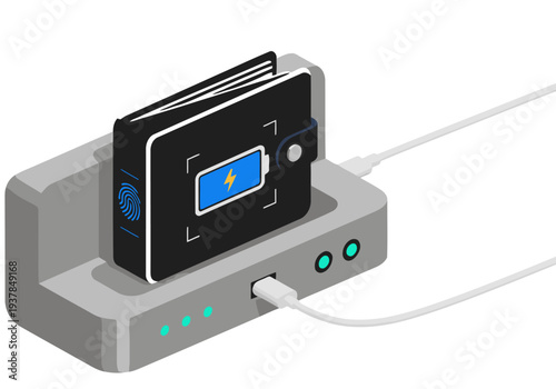 Modern wallet charging station with biometric payment display. Bio-tech illustration, sleek design, charging cable. Perfect for digital finance concepts.