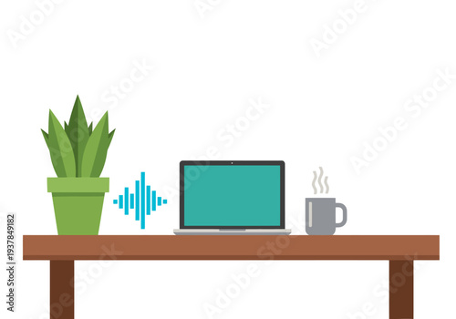 A modern workspace featuring a laptop, coffee, and plant. Ambient sound waves create a productive atmosphere. Clean, bright, and professional.