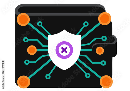 Secure wallet icon with circuit board shield protects digital assets. Modern, vibrant design. Ideal for finance, technology, and data security concepts.