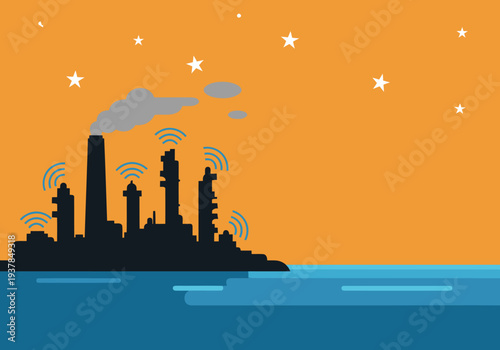 Silhouetted oil refinery against a vibrant sunset sky. Industrial structures emit signals, creating a striking visual. Perfect for business or technology themes.