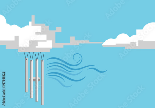A serene digital illustration depicts a stylized cloudscape with wind chimes and stars. Calm audio waves create a peaceful atmosphere. Perfect for relaxation and meditation visuals.