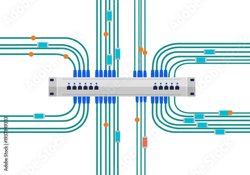 A sleek optical switch backbone illustration showcases data connectivity with a modern, digital aesthetic. Clean lines and vibrant colors create a visually appealing and professional design.