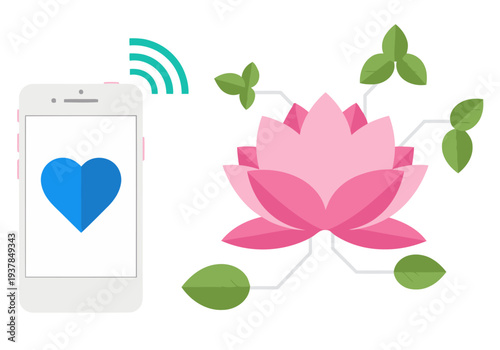 A smartphone connects to a digital wellness app featuring a lotus flower, symbolizing calm and mindfulness. Modern, flat design with a focus on digital wellbeing.