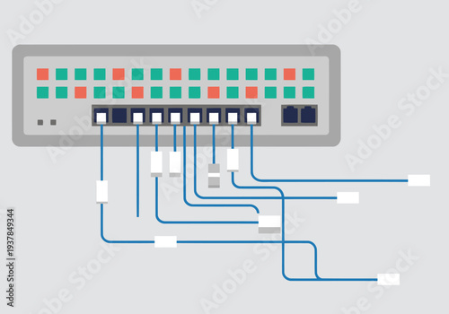 A sleek smart switch data route illustration. Modern, clean design with interconnected cables and a minimalist aesthetic. Ideal for tech, networking, and data visualization concepts.