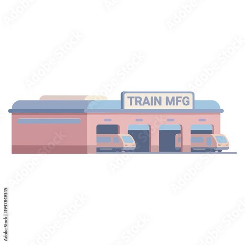 A train manufacturing facility with trains and buildings in an industrial area.