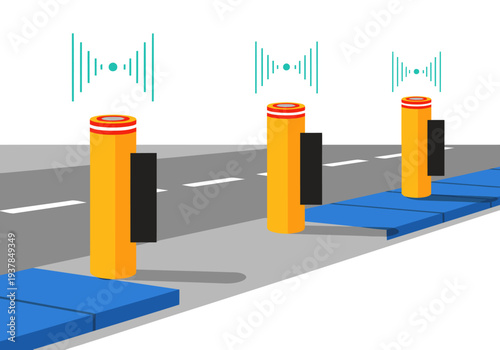 Smart bollard sensor lights illuminate road barriers. Modern, vibrant design showcases advanced traffic monitoring technology. Clear, focused composition for commercial use.
