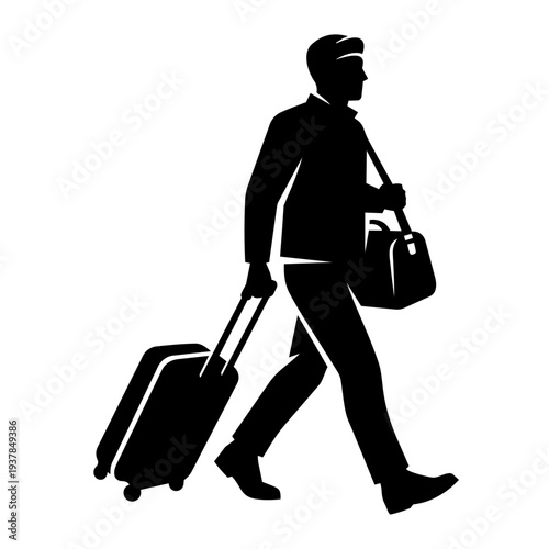 Tourist Walking with Suitcase and Travel Bag Silhouette Vector Illustration Isolated on Transparent Background PNG