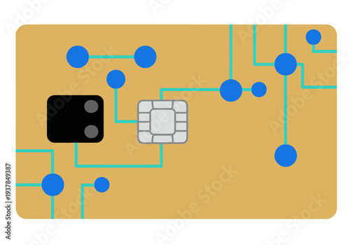 A sleek smart card with bio sensor technology. Modern design, circuit lines, and a black chip highlight its advanced features. Ideal for tech and innovation visuals.