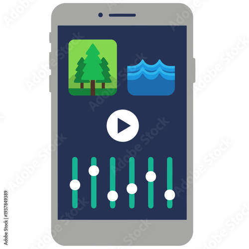 Smartphone displays nature audio interface with forest and water icons, volume controls, and a play button. Modern, digital, and calming design.