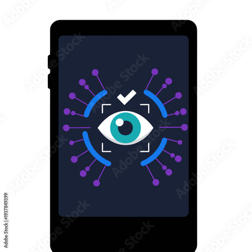 Smartphone displays iris scan bio wallet graphic. Modern, digital security concept. Clean, professional design. Suitable for tech and finance visuals.