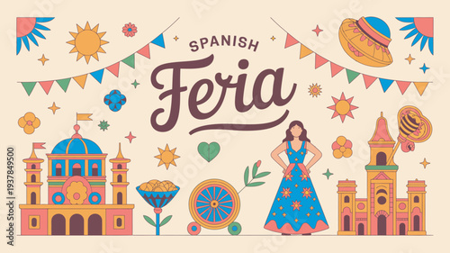 A vibrant illustration of a Spanish Feria festival with colorful buildings and a woman in a traditional dress.