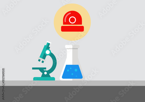 A stylized lab illustration featuring a fire detector icon overlaid on a microscope and flask. Clean, modern design with a red highlight. Suitable for science, technology, and safety themes.