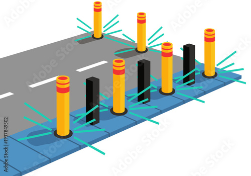 A stylized illustration showcases smart bollard sensor lights detecting vehicles on a road. Bright, vibrant colors highlight the technology and safety features. Clear, modern design.