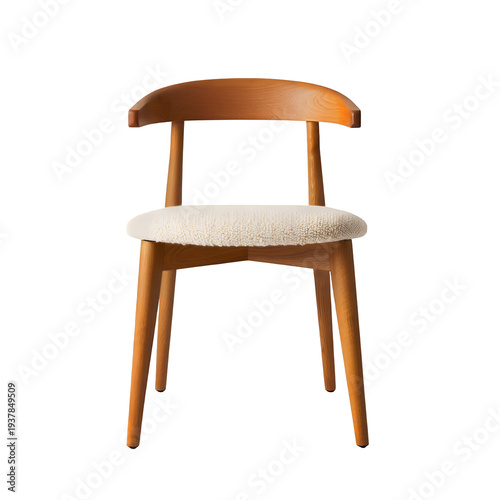 A wooden chair with a white cushioned seat is shown on transparent background