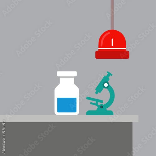 A stylized lab scene featuring a microscope, fire detector, and vial.  Bold red accents highlight a fire detection system. Modern, graphic design.