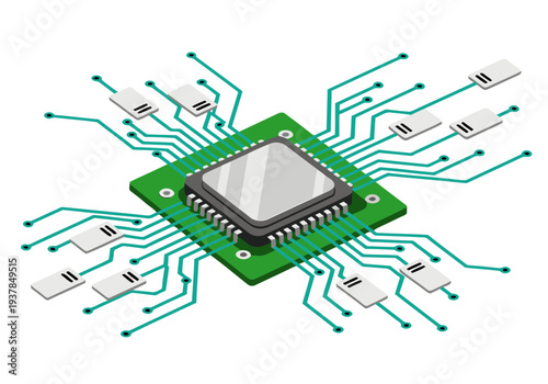 A stylized microchip illustration with intricate circuit pathways. Modern, digital design. Perfect for tech, data, and innovation themes.