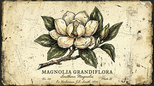 Vintage Magnolia Grandiflora Botanical Illustration