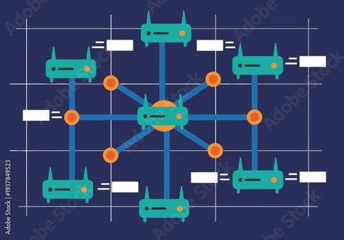 A stylized network diagram showcases interconnected robots, illustrating routing flow data. Modern, geometric design with a blue background and teal robots. Clean, professional illustration.