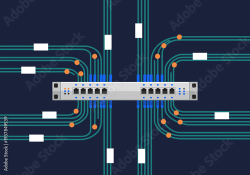 A stylized optical switch illustration showcases network connectivity. Clean lines and vibrant colors highlight data flow and digital infrastructure. Perfect for tech and business visuals.