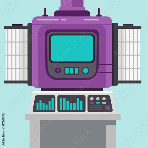 A stylized purple robot displays gas removal technology. Modern, flat design illustration with gauges and data readout. Clean, vibrant, and suitable for tech or science themes.